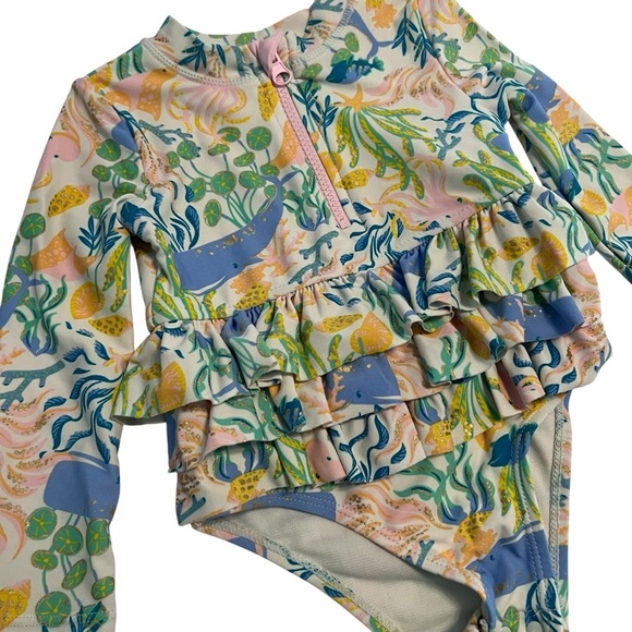 Tommy Bahama 24M Girls Rashguard Swimsuit | Whales Ruffles UPF 50+ - Picture 1 of 5